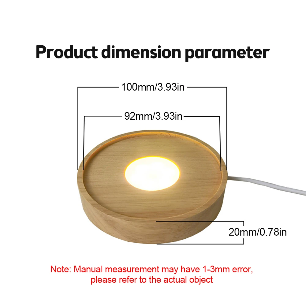 Round Wood Light Base USB Glass Resin Crystal Art Ornament Holder Rotating Display Stand Luminous Lamp Base LED Night Light