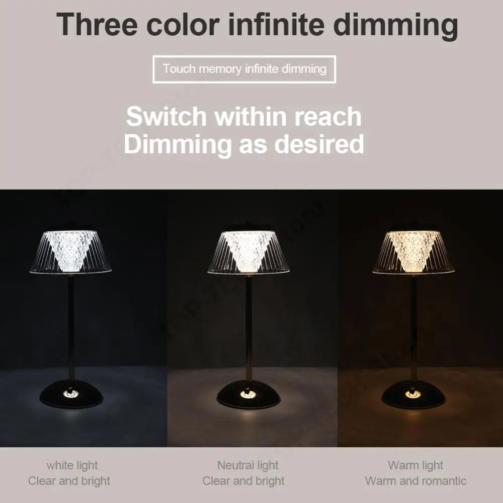 

Crystal Table Lamp Metal Base Stepless Dimmable Crystal Atmosphere Lamp Rechargeable Cordless Desk Lamp for Bedroom Hotel Office