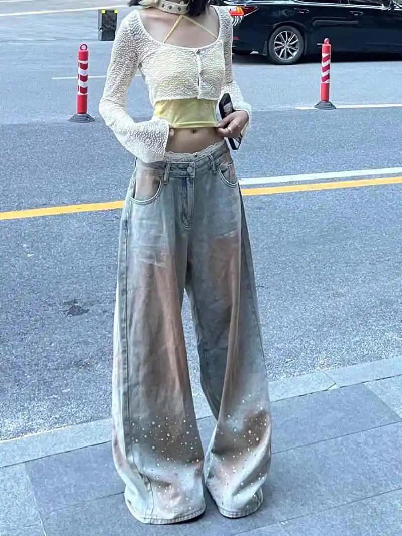 

2024 Autumn Women's Harajuku Casual Style Jeans Vintage Gradient Loose Washed Pants Y2K Wide Leg Ripped Baggy Denim Trouser