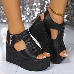 Casual Wedges High Heels Rubber Sandals for Women 2024 New Hot Sale Summer Wedges Ladies Shoes Solid Zipper Heels Women Sandals