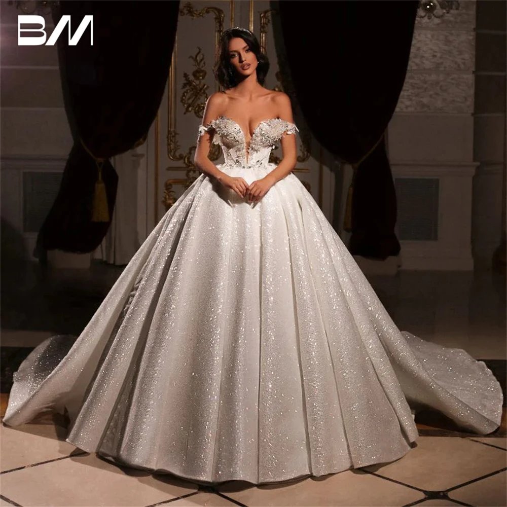 

Luxury Glitter Wedding Dresses for Women Off The Shoulder Sequined Bride Dress Beaded Floral Appliques Bridal Gown