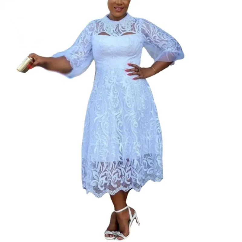 

African Lace Dresses For Women In Clothing Puff Sleeve Robes 2025 Summer Fashion Sexy Hollow Streetwear African Midi Dress