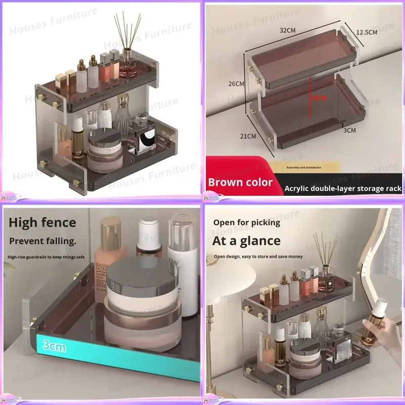 Modern Light Luxury Double Layer Acrylic Storage Rack Eco Friendly Countertop Organizer Display Stand for Skincare Cosmetics