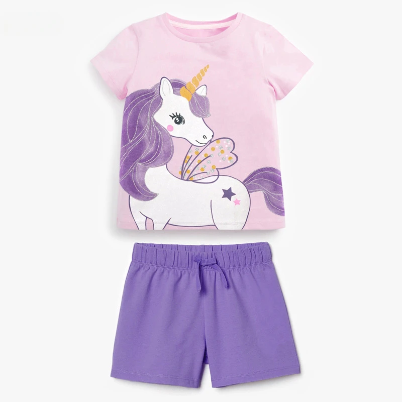 

Summer Baby Girls Cotton Unicorn T Shirts + Shorts 2 Pcs Sets Kids Clothes Girls Cute Cartoon T-shirt Tops Children's Suits 2-7Y