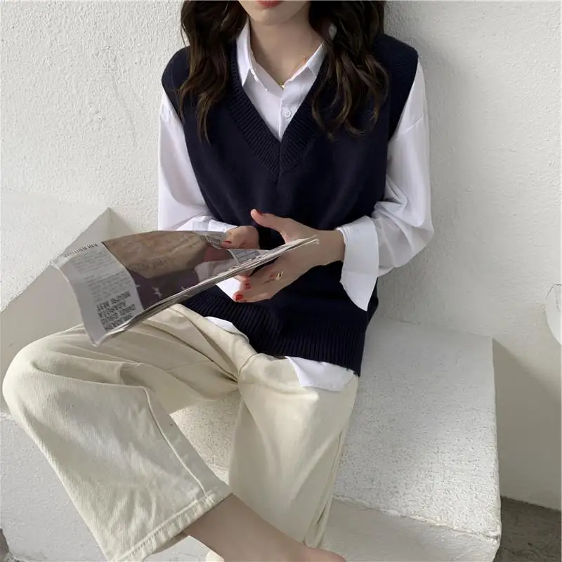 Sweater Vests for Women Korean Style 7 Colors Pure All-match Sleeveless V-neck Vintage Elegant Knitted Young New Arrival Loose