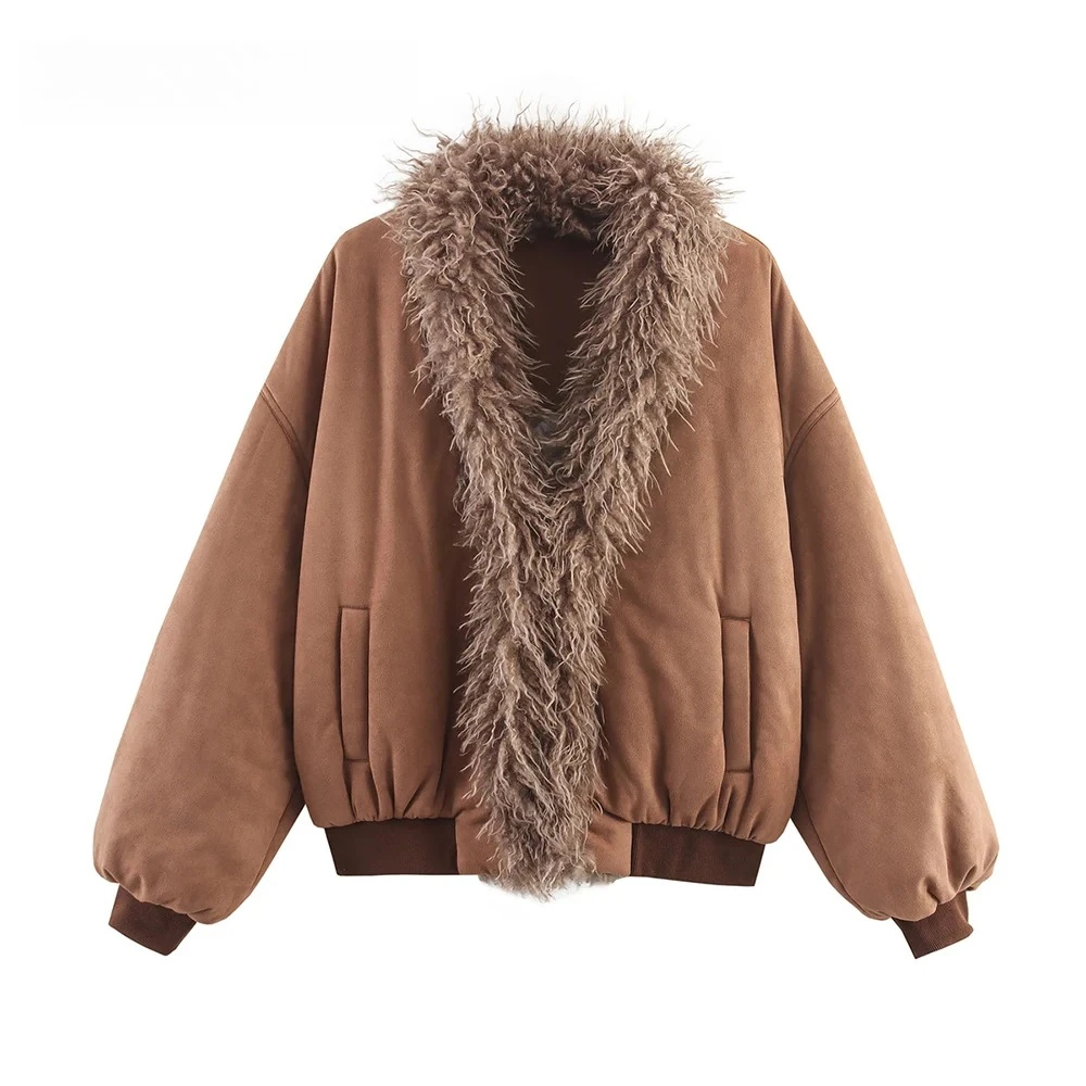 

KONDALA Vintage Brown Flurry Faux Leather Modern Women Outwear Party Outwear Elegant Chic Luxurious Fashion 2025 Autumn Jacket
