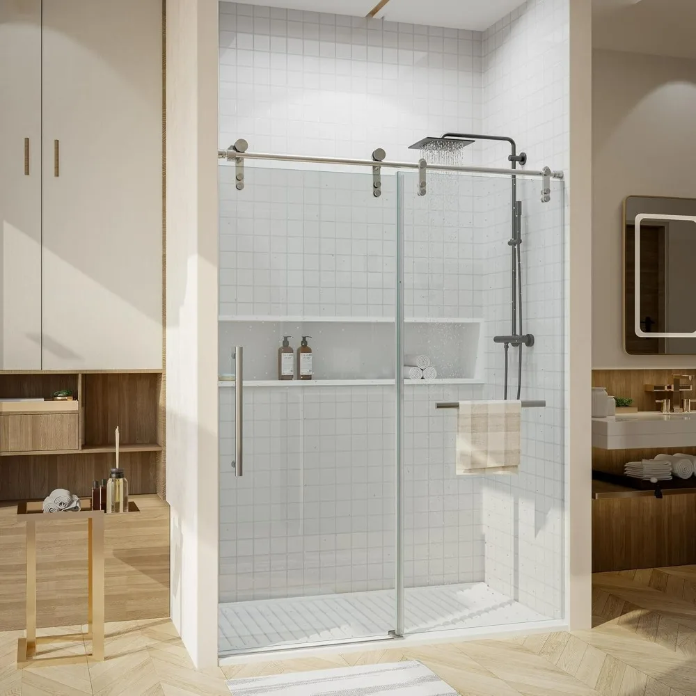 

56-60" W × 76" H Glass,Frameless with Handle and Seal Strip for Waterproof,Sliding Shower Door in Stylish and Modern,Sliver