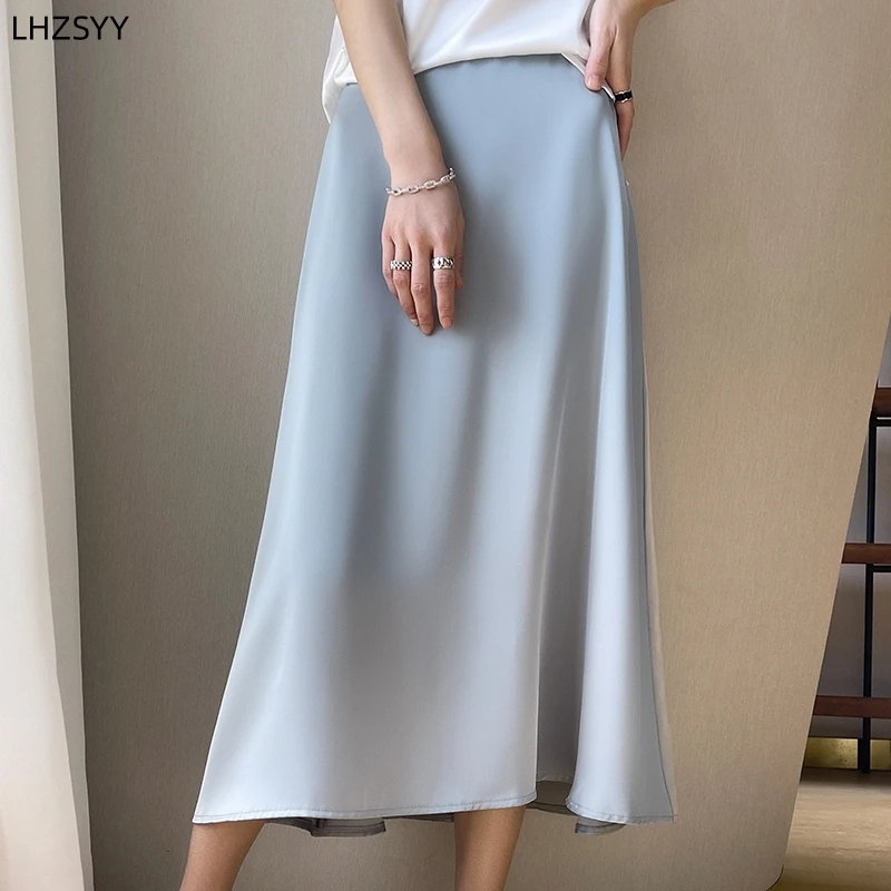 LHZSYY Silk Satin A-Word Big Swing Skirt\' Ladies New High-Waist Hip Long Skirt 2024Summer Fashion Solid Wild Mulberry silk Skirt