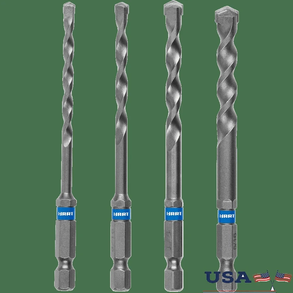 

4-Piece Hex Shank Masonry Drill Bit Set Impact Rated Carbide Tip Wide Flute Design Hammer Drill Compatible Durable Heavy-Duty