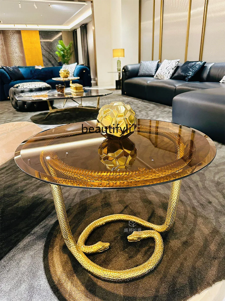 

Light Luxury Side Table High-End Glass Living Room Designer Gold Snake Copper Tea Table