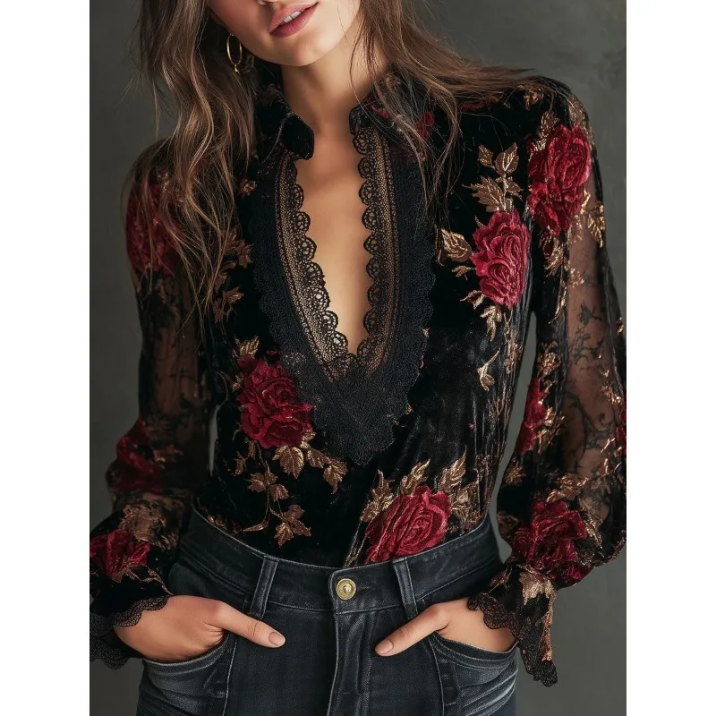 

Vintage Gold Velvet Lace Patchwork V-Nec Pullover Top Vintage Autumn Lace Print Vacation Lace Women New Elegant Long Sleeved Top