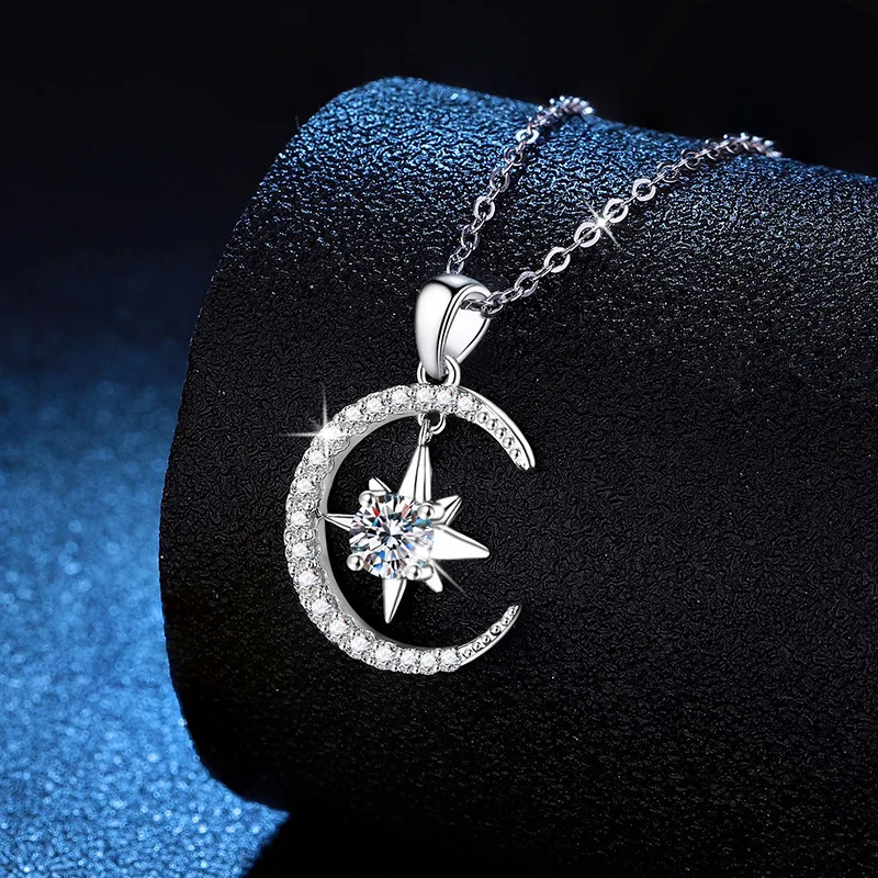 

S925 Silver White Gold Plated 0.5CT D Color Moissanite Moon & Stars Pendant Necklace, Exquisite Jewelry.