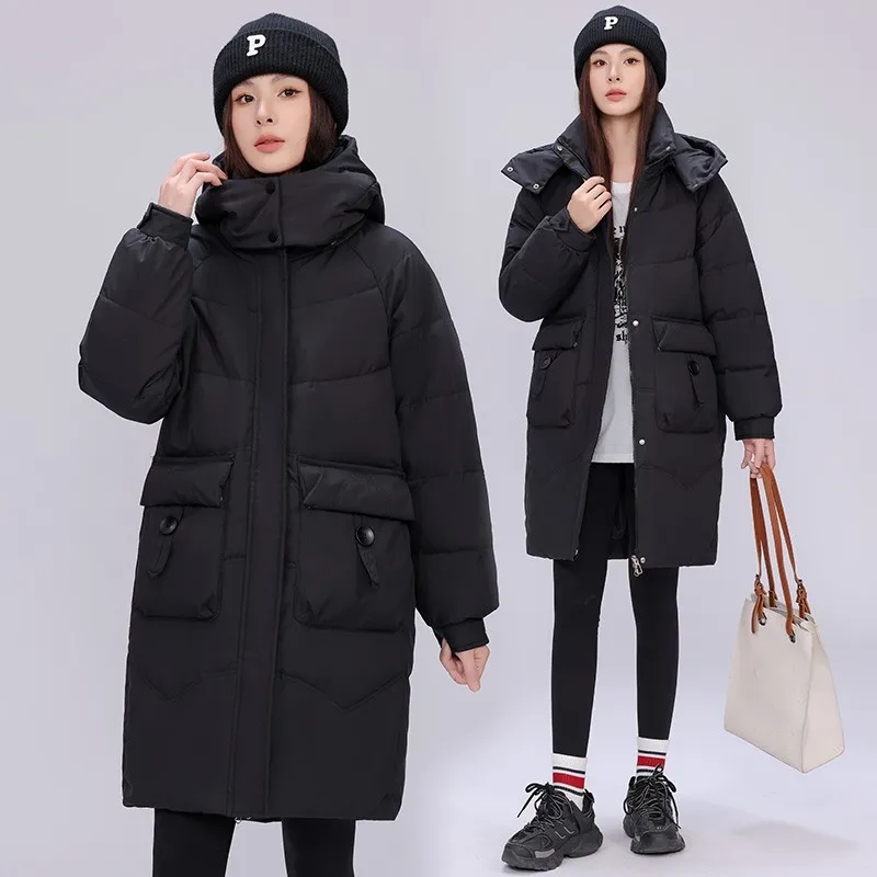 Women's Winter New Down Jacket Fashion Loose White Duck Down No Wash Hooded Black Coat Female Long Parka Overcoat Young People