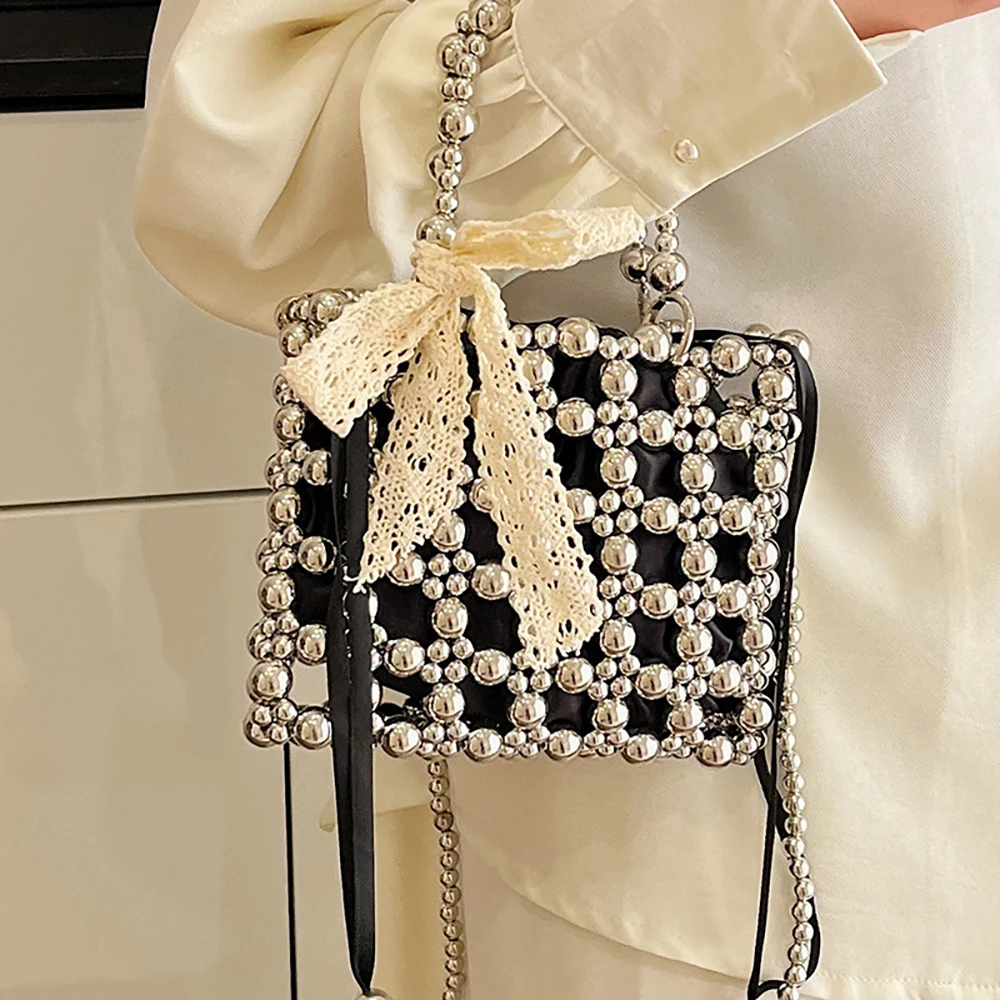 

Exquisite Pearl Bag Women Luxury Lace Bow Mini Square Single Shoulder Bags 2025 New Beading Hand-held Chains Crossbody Bag