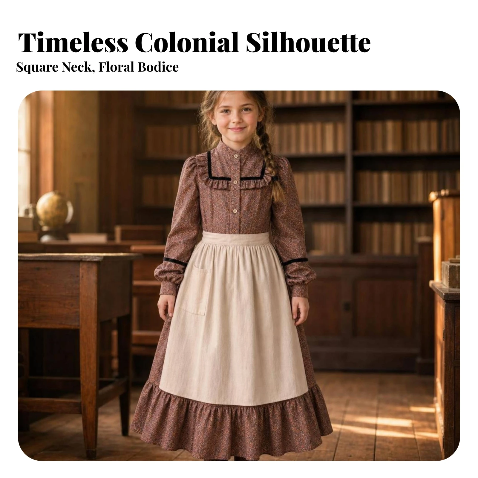 Pioneer Dress Vintage-Inspired Prairie Dress Apparel Full-Length Old Fashioned for Girls, School Performances, Stage Play