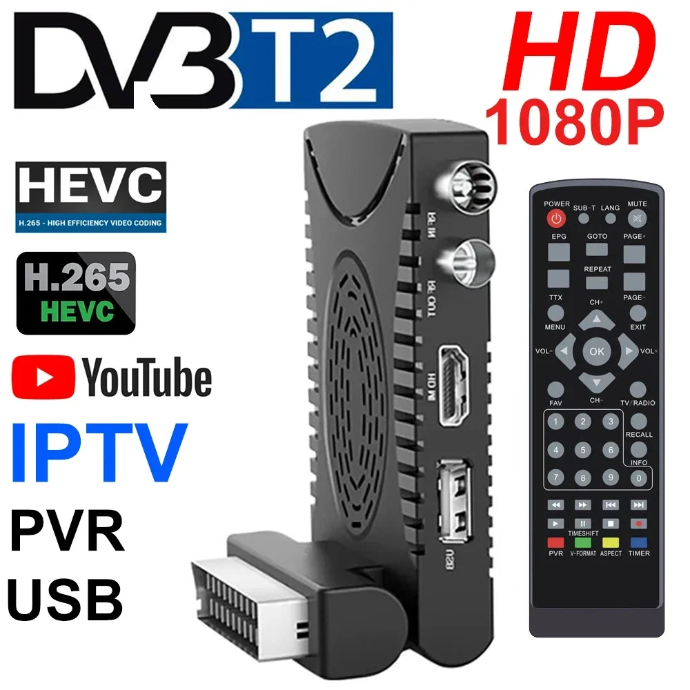 Мини-DVB T2 H.265 HD Цифровой DVB-T2 Испания TDT Европа Продвижение ТВ-приемник HEVC 1080HD Декодер EPG Телеприставка Интерфейс Scart