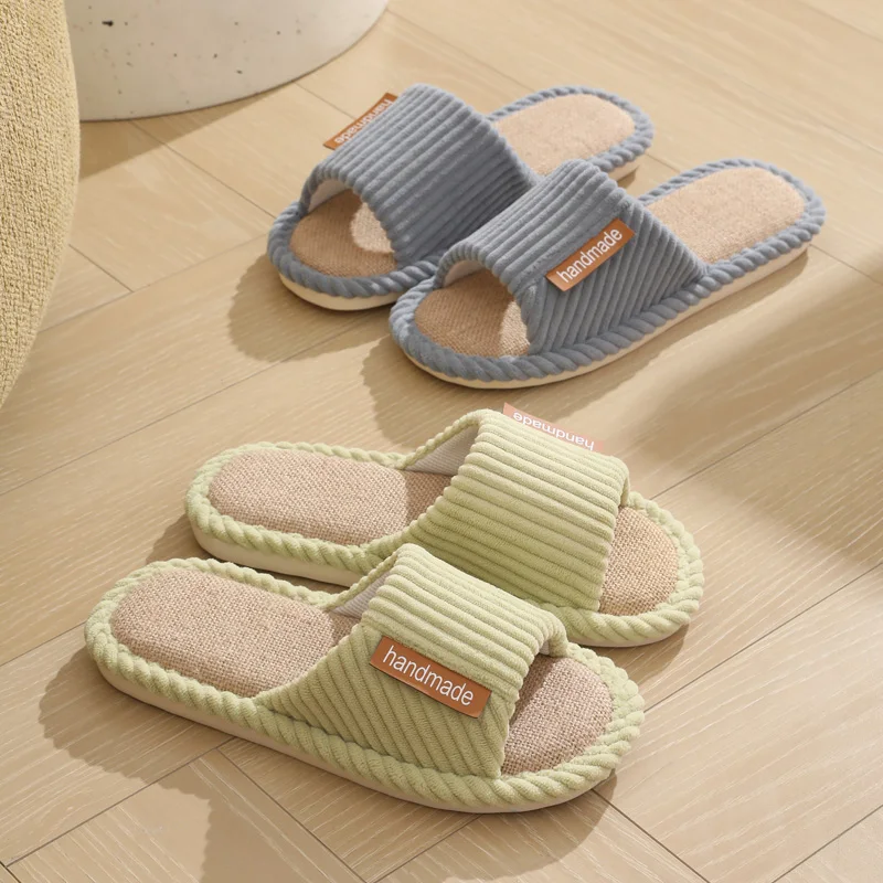 Linen slippers for men, quiet and breathable flooring for home use, cotton and linen slippers for women in summer