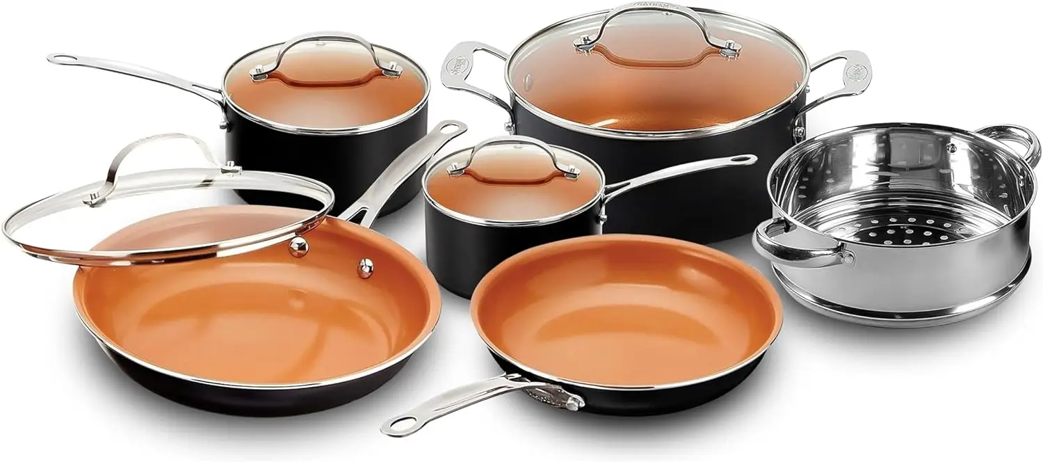 

10 Piece Pots and Pans Set with Ultra Nonstick Surface, Includes Frying Pans, Stock Pots, Saucepans & More, Stay Cool Handl