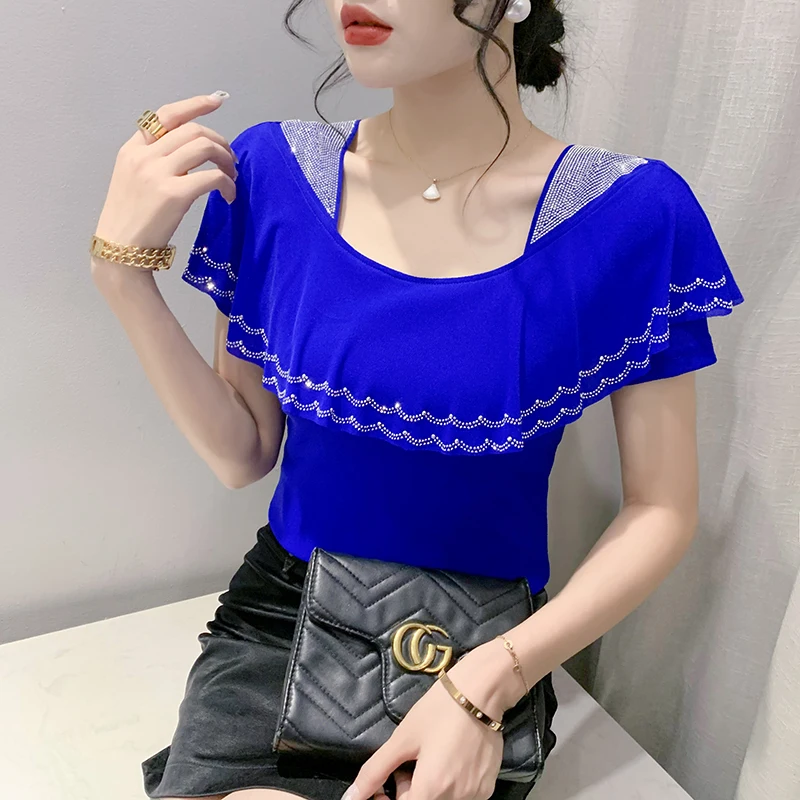 Summer Ruffles Mesh Square Collar T-Shirts Women Short-Sleeved Diamonds TShirt Femme Fashion Patchwork Tops Tees