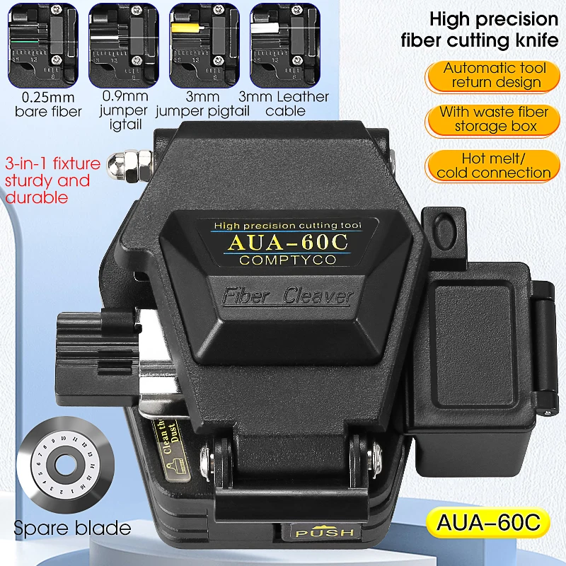 

AUA-60C Fiber Cleaver FTTH Cable Fiber Optic Cutting Knife with Waste Fiber Box Three-in-one Clamp Slot16 Surface Blade