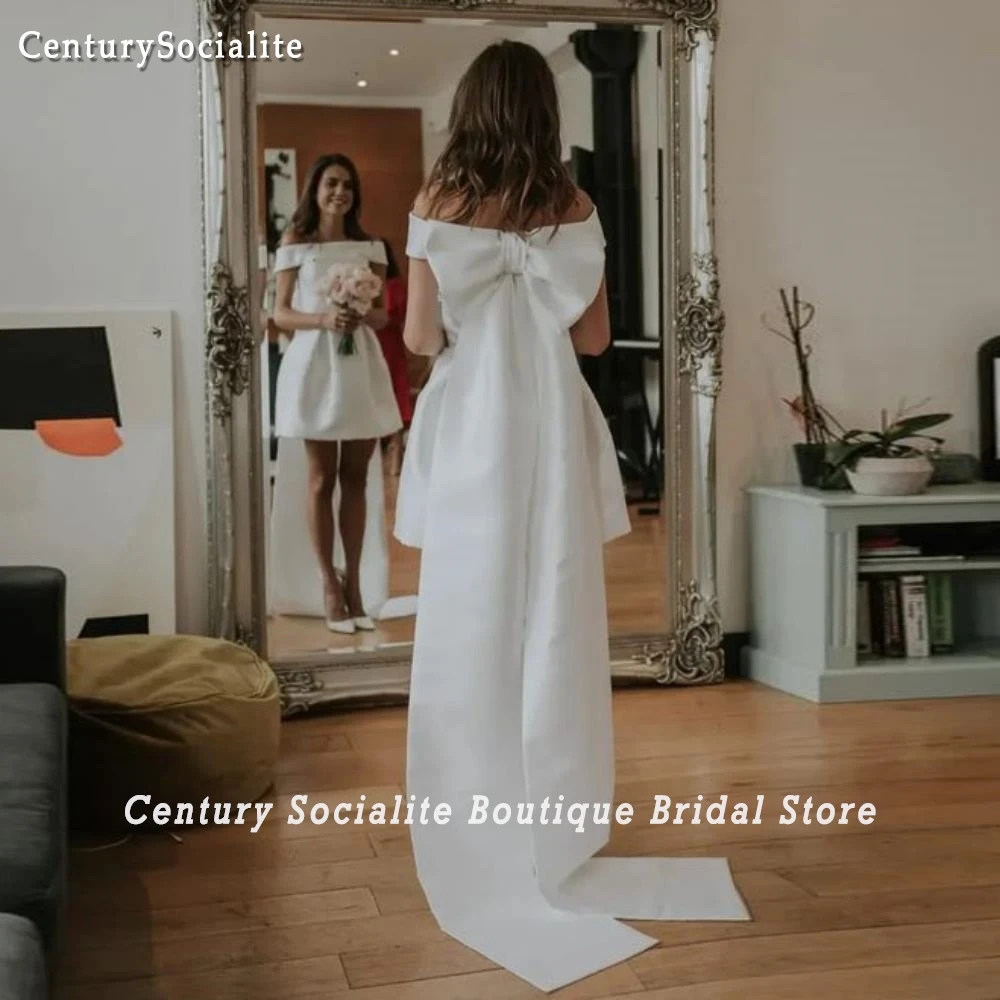 Satin Wedding Dresses Short Big Bow Off Shoulder Above Knee Mini Bride Reseption Dress Simple Bridal Gowns Customized