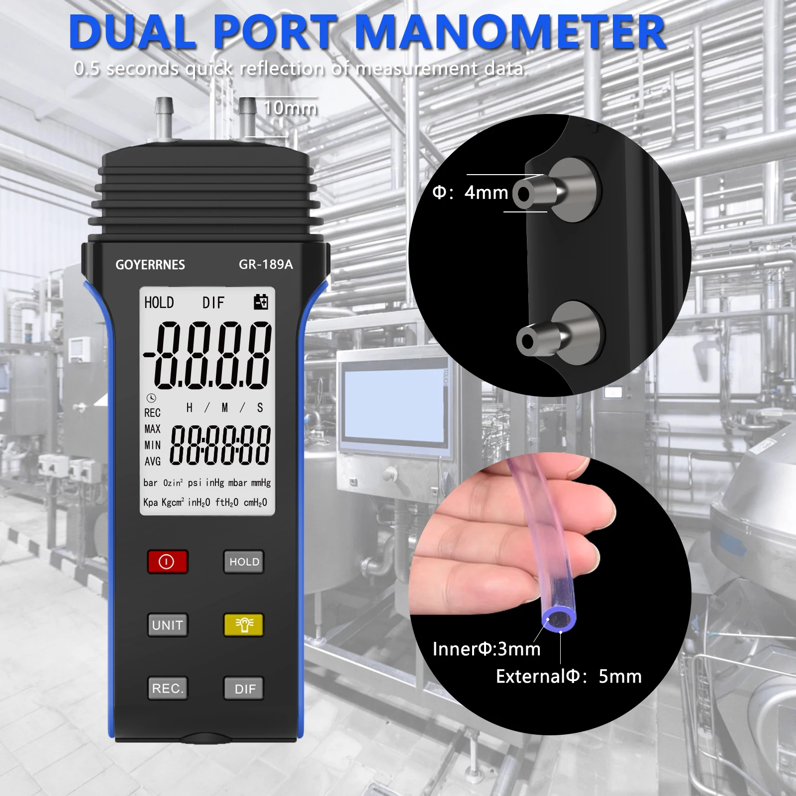 HP-189A Dual-Port Differential Pressure Gauge, Backlit Gas Pressure Tester, 11 Measurement Units for Professional Air Testing