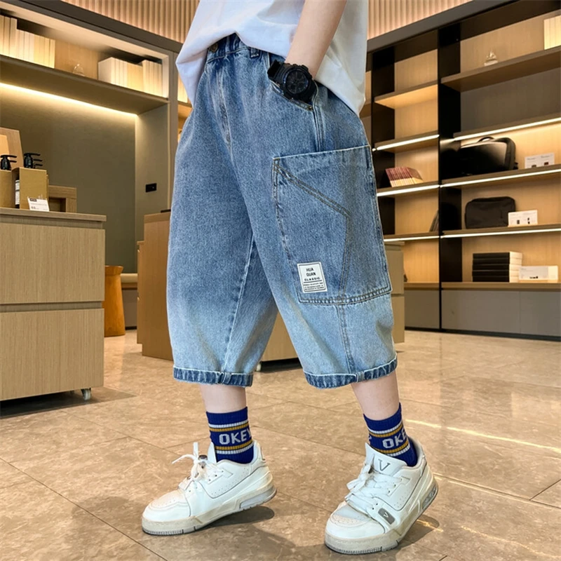 New Summer Denim Short Trousers Boys Big Smile Jean Shorts Children Casual Loose Pant Denim Teen Kids Summer Beach Short 3-14Y