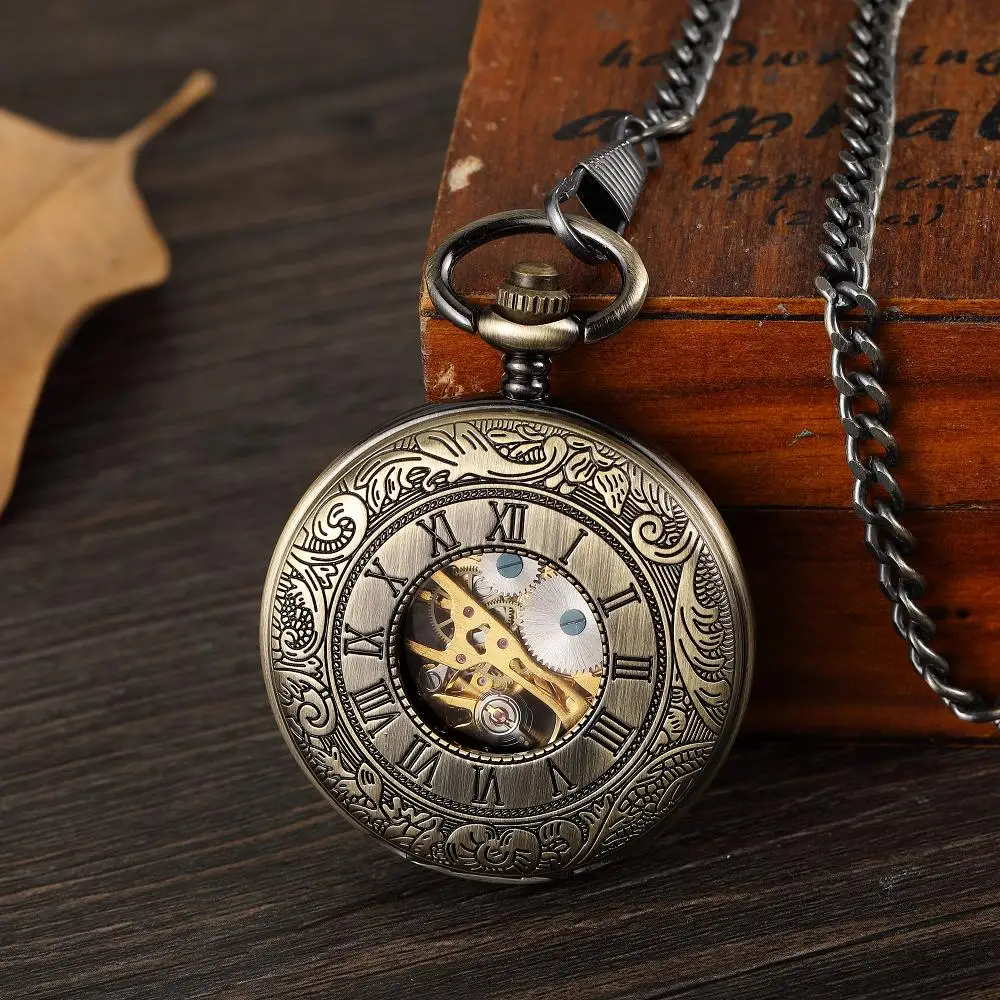 antique-bronze-half-hunter-skeleton-mechanical-pocket-watch-floral-engraved-hand-wind-pendant-clock