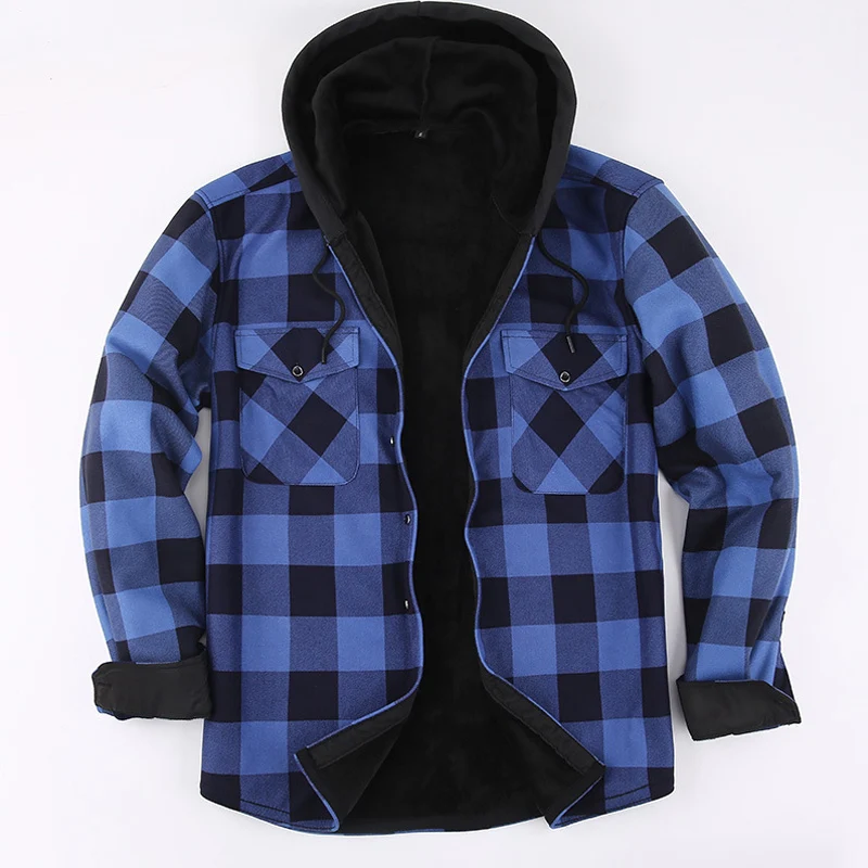 2023 New Autumn And Winter Men's Flannel Warm Long Sleeve Shirts Casual Fashion Comfortable Plaid Shirt With a Hood Male Clothes