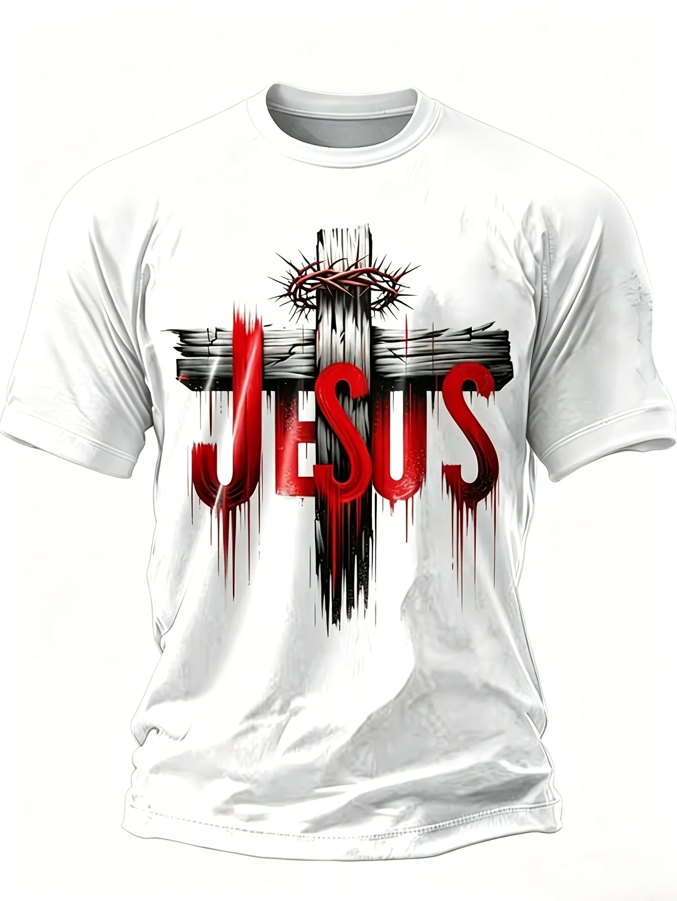 [Back-To-School Season Independence Day Limited Edition] Men'S Casual T-Shirt, Cross Print, Short Sleeve, Crew Neck, Pure Knit Fabric, Slightly Stretchy Summer Wear, Detailed Application