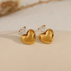 WILD & FREE Exquisite Stainless Steel Heart Small Stud Earrings for Women Chic Zircon Luxury 18K Gold Plated Trendy Jewelry