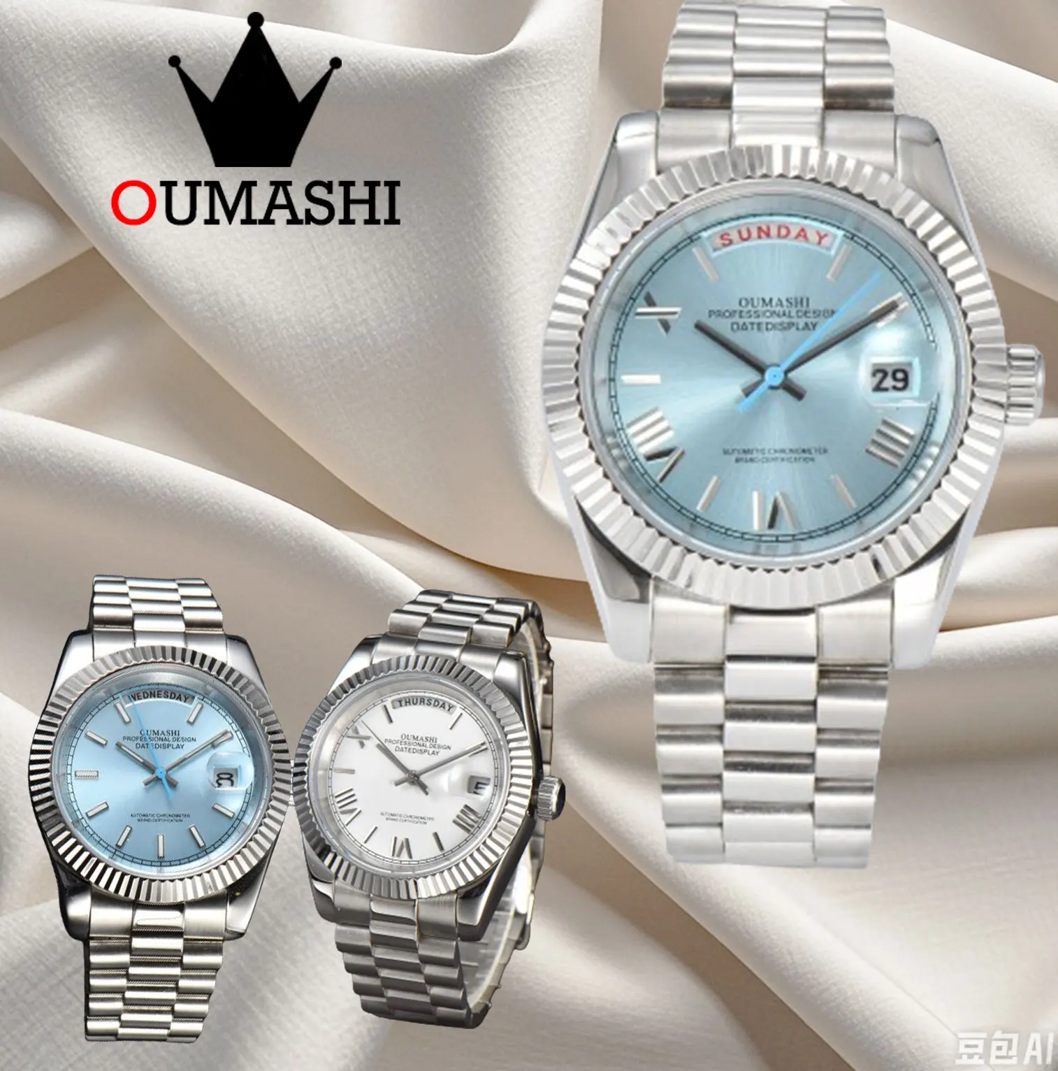 OUMASHI-Relógio Sapphire Glass Masculino, 8285 Movimento, 39mm, Miyota 8285, Dual Calendar Dial, Luxo