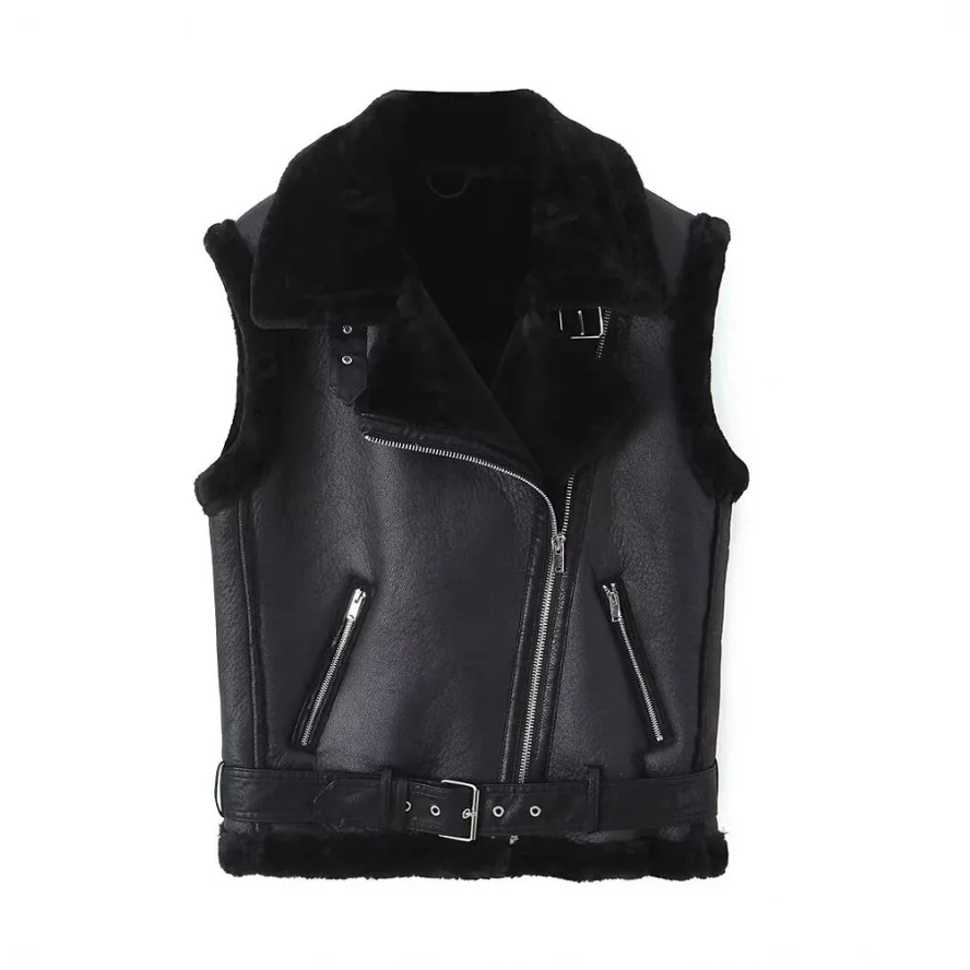 

European And American Women's Street Fashion Motorcycle Vest Loose Lapel Imitation Leather Casual Outerwear