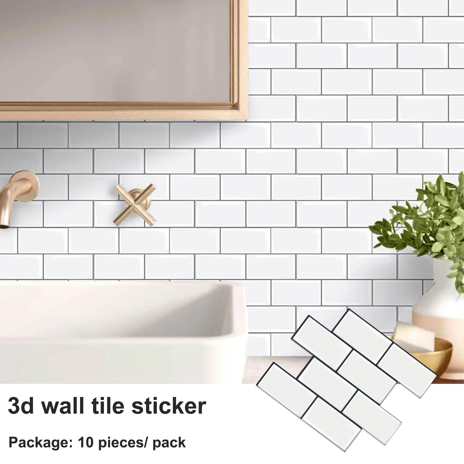 10 Sheets Big Tiles Peel and Stick Wall Stickers Brick Vinyl Wallpaper Waterproof Kitchen Bathroom Backsplash Home Decor