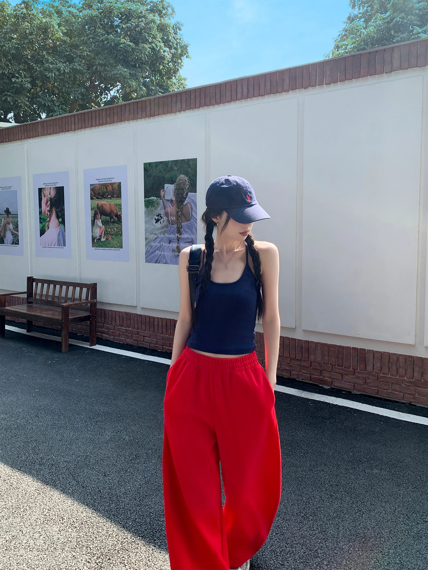 

Red Sport Sweatirt Casual Lazy Wide Leg Pants New Elastic Waist Dra Long Pants Loose Sle Pure Color Cotton Blend Ladi...