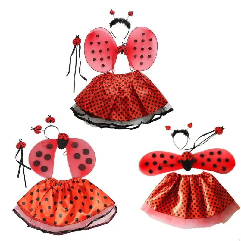 H58E Kids Girl Lady Bugs Costume Set Headbands Tutus Skirt Star Wands Ladybird Wing Set for Halloween Cosplays Party