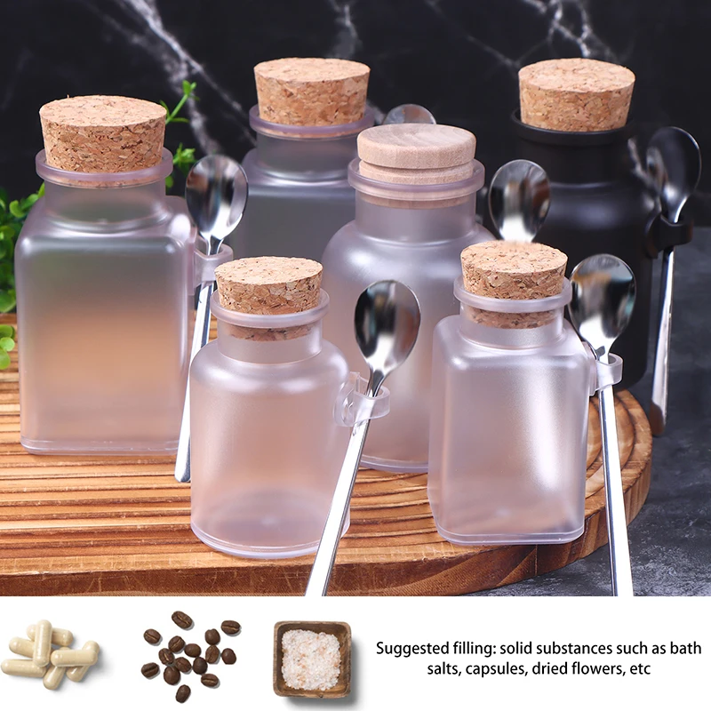 Frascos de sales de baño vacíos ABS esmerilado de 100/200g con corcho y cuchara de acero inoxidable, bote multiusos para almacenamiento de alimentos en polvo para máscara