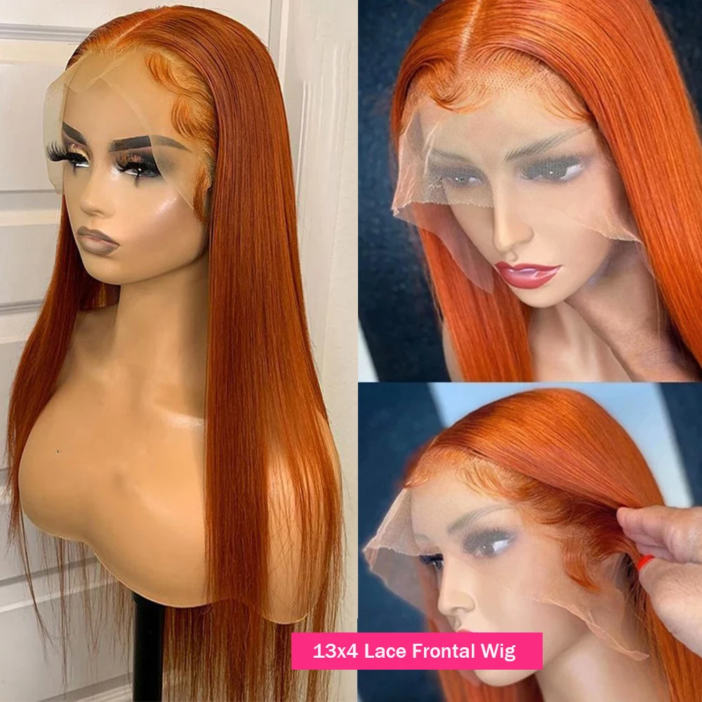 13x6 Ginger Straight Lace Front Human Hair 13x4 HD Transparent Lace Frontal Wig 200 Density  Brazilian Hair For Women