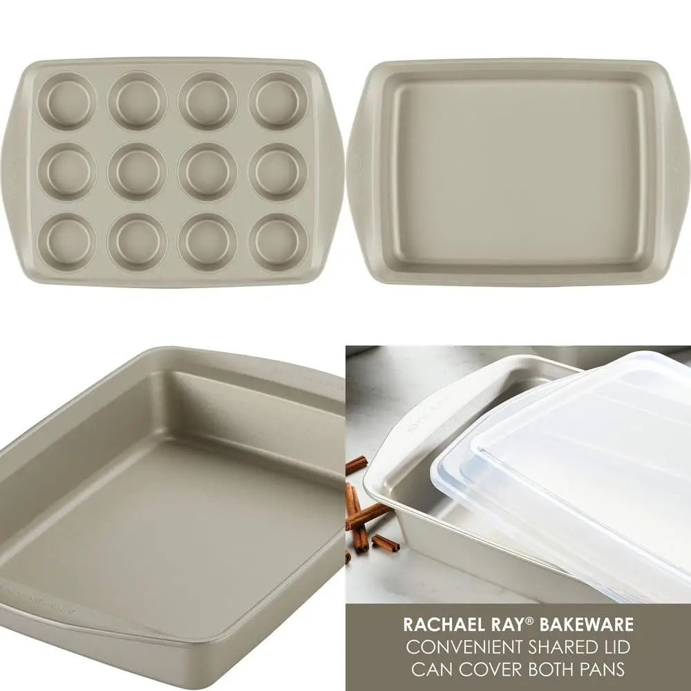 

3-Piece Silver Nonstick Bakeware Set: Baking Pan with Lid and Muffin/Cupcake Pan