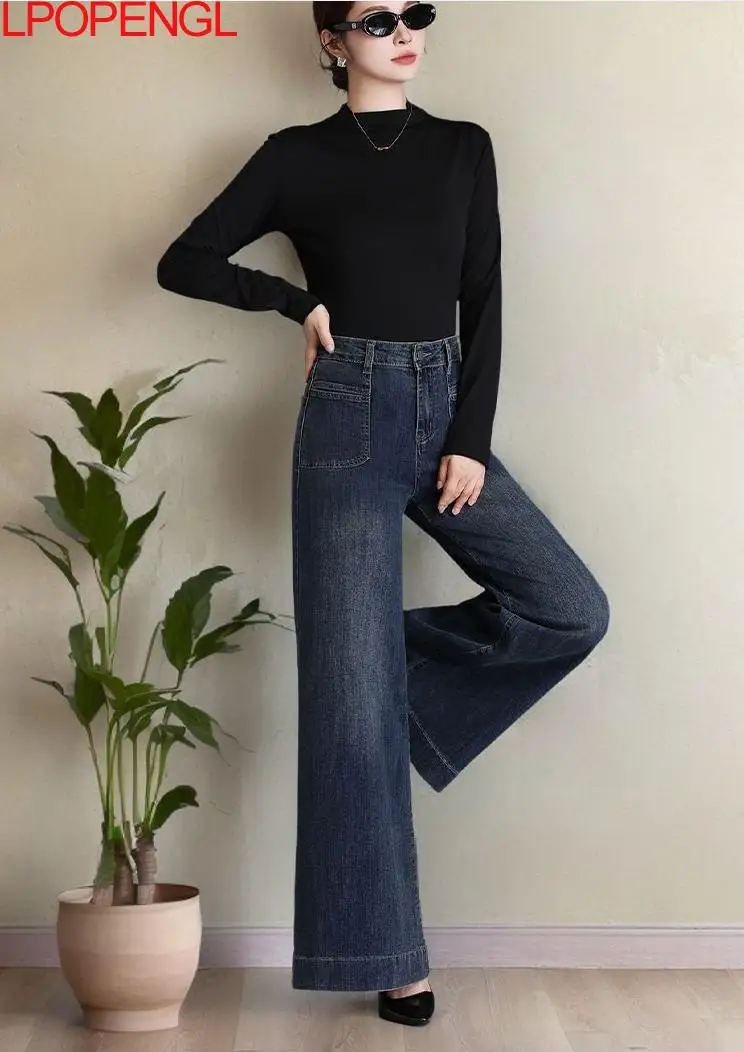 Moda Otoño e Invierno 2025 pantalones elásticos de mezclilla de cintura alta nuevos pantalones sueltos Retro Color sólido acampanado pantalones de pierna ancha tendencia