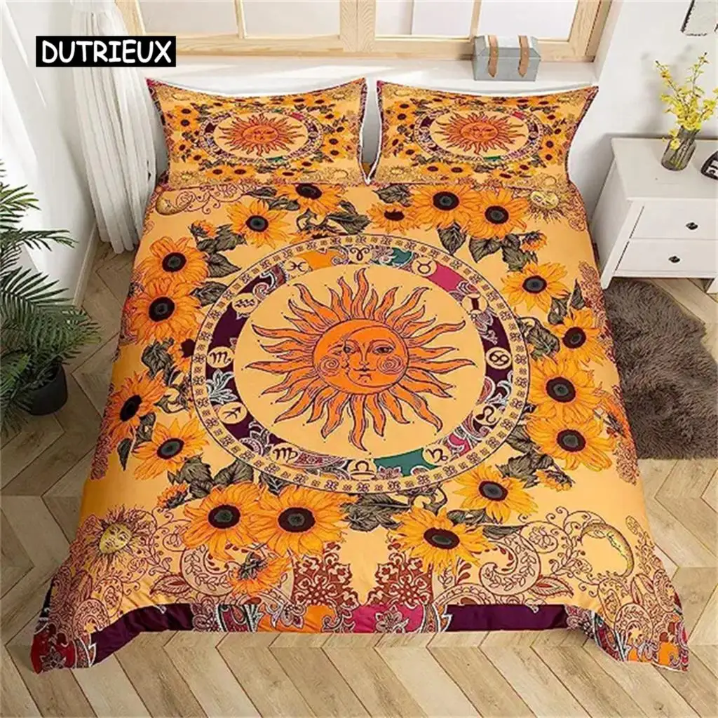 

Duvet Cover Yellow Sun And Moon Sunflower Duvet Cover Vintage Indian Boho Floral Bedding Colored Mandala Tribe Bohemian Style