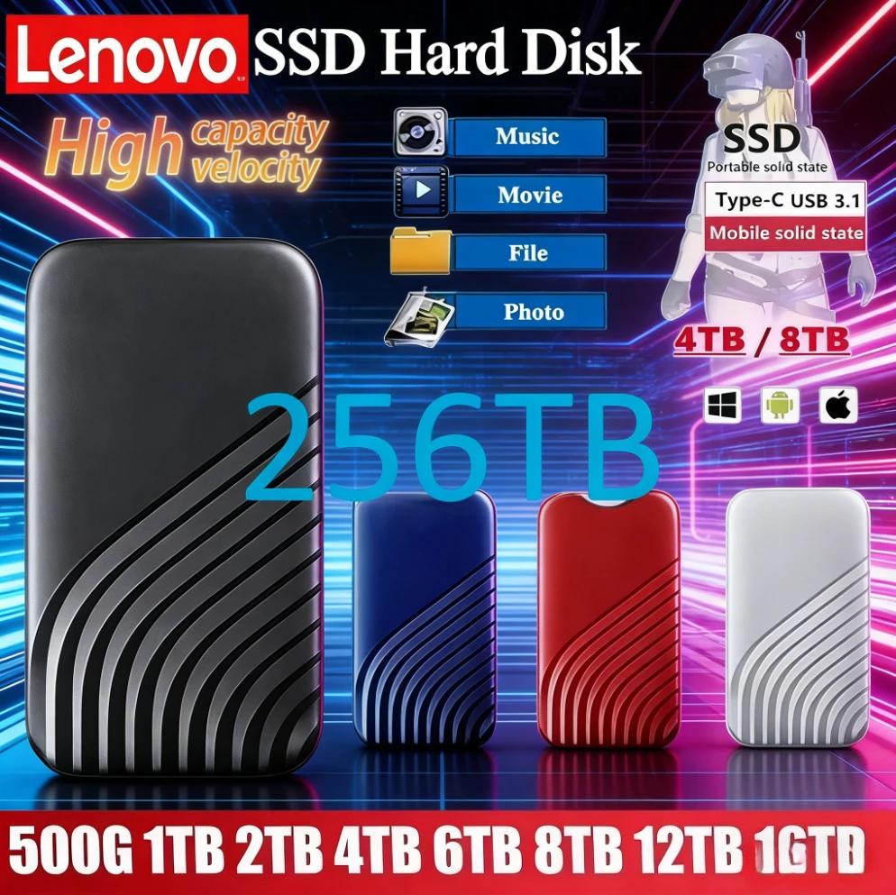 

Внешний SSD-накопитель Lenovo Type-C, высокоскоростной USB 3.1, 2 ТБ, 4 ТБ, 8 ТБ, портативный жесткий диск для ноутбука