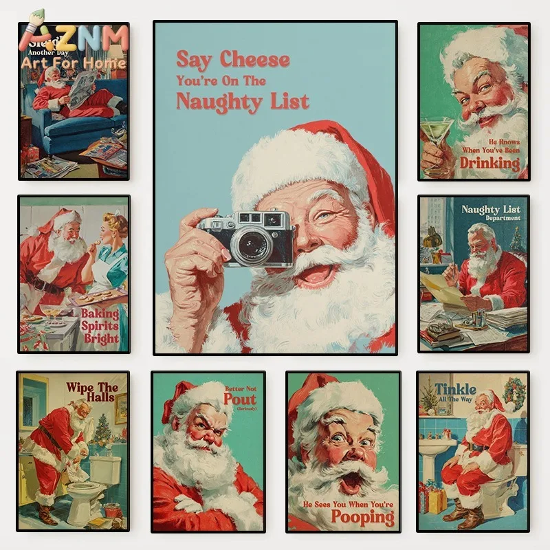 Funny Santa Claus Poster Vintage Christmas Humorous Canvas Painting Prints Wall Art Picture for Bathroom Living Room Home Decor