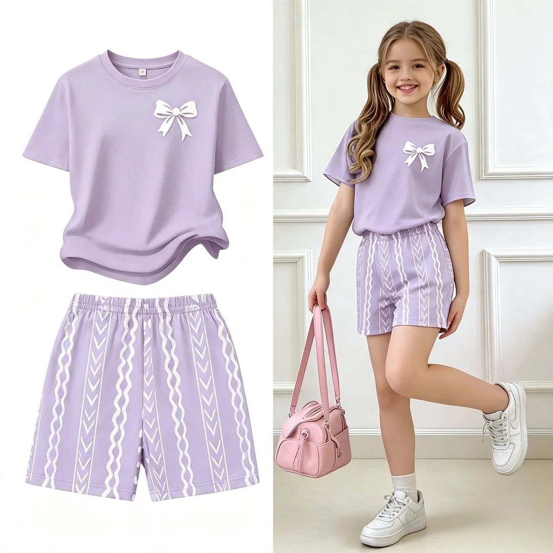 Mädchen-Set mit kurzärmeligem T-Shirt und Shorts mit Schleifenmuster, Frühling und Sommer, Back-to-School-Outfit, Y2K-Hippie-Kinder, weiche, lässige Alltagskleidung – Detail 5