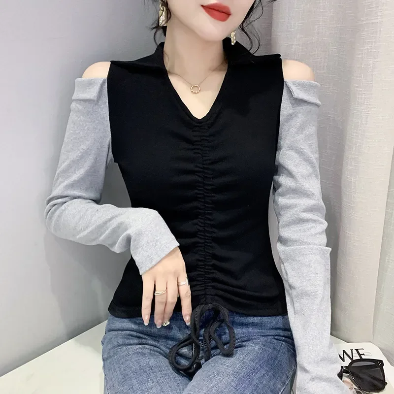

Spring Autumn New Style Off-shoulder T-shirt Women's Long-sleeved V-neck Drawstring Top Spliced fashionable Shirt