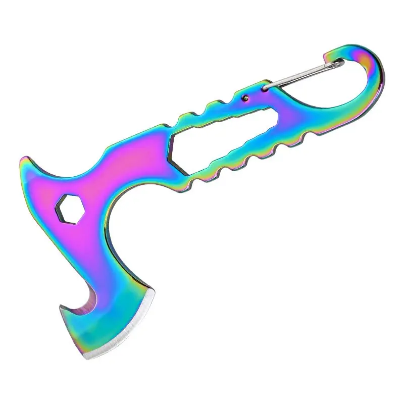 Outdoor zelfverdediging sleutelhanger bijl multifunctionele zes in één mes bijl roestvrij staal Unboxing EDC-tool