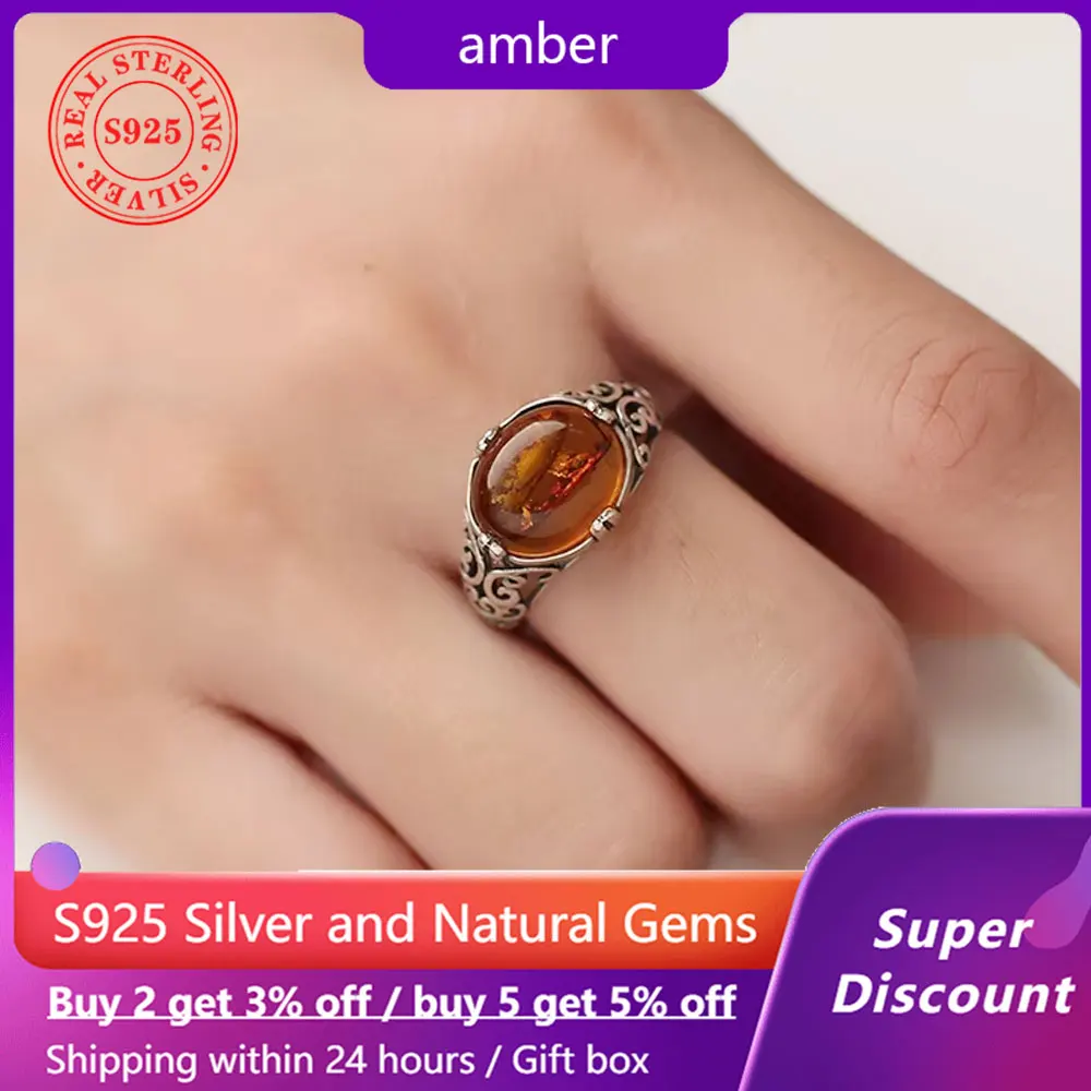

Retro 925 sterling silver ring with 10 * 12mm natural amethyst/aquamarine/amber/orange garnet , Fine jewelry for man women Ring