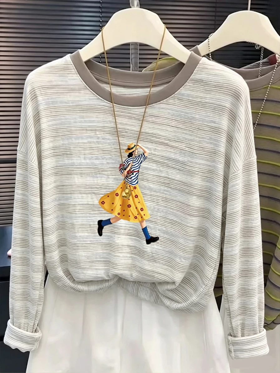Retro Japanese Style Long Sleeve T-Shirt Women's Loose Fit Printed Base Shirt Slimming Effect Autumn Winter New Arrival Top