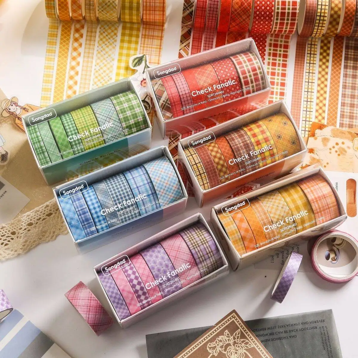 Grid-Themed Tape Set, 6 Rolls, Ins-Style Colorful Grid Tape, Salt-Style Journal Collage Material