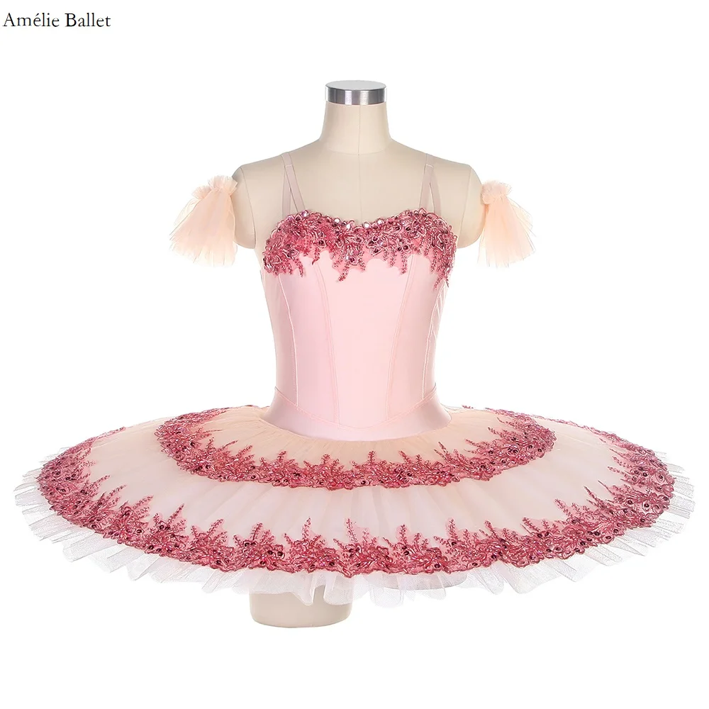 BLL463 Pale Pink Spandex Bodice with Pink and Gold Applique Pre-professional Pancake Tutu Adult Girls Stage Performance Dress